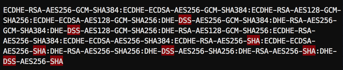 ECDHE-RSA-AES256-GCM-SHA384:ECDHE-ECDSA-AES256-GCM-SHA384:ECDHE-RSA-AES128-GCM-SHA256:ECDHE-ECDSA-AES128-GCM-SHA256:DHE-DSS-AES256-GCM-SHA384:DHE-RSA-AES256-GCM-SHA384:DHE-DSS-AES128-GCM-SHA256:DHE-RSA-AES128-GCM-SHA256:ECDHE-RSA-AES256-SHA384:ECDHE-ECDSA-AES256-SHA384:ECDHE-RSA-AES256-SHA:ECDHE-ECDSA-AES256-SHA:DHE-RSA-AES256-SHA256:DHE-DSS-AES256-SHA256:DHE-RSA-AES256-SHA:DHE-DSS-AES256-SHA